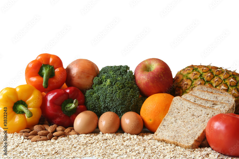各种各样的食物，水果，蔬菜，全谷物和乳制品。