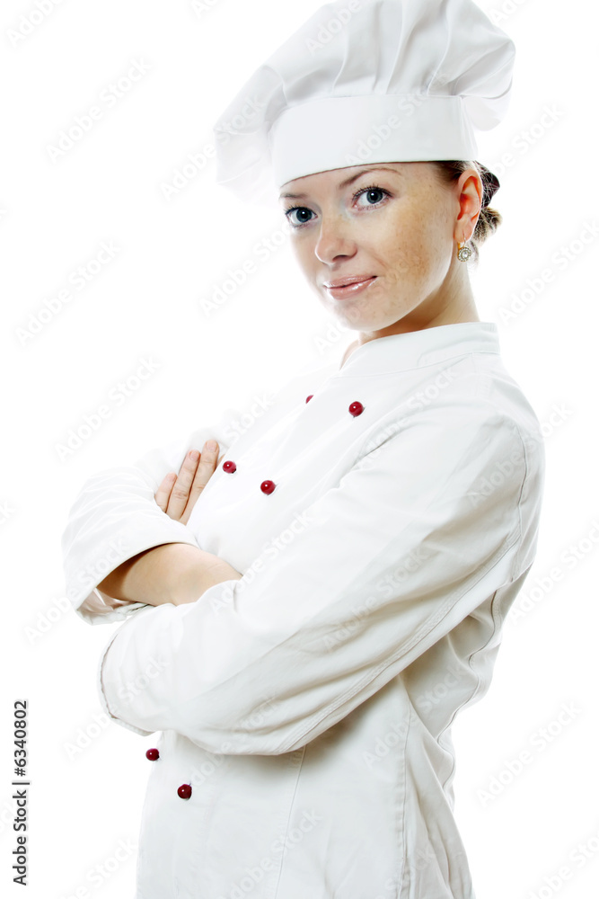 迷人的女厨师，白色背景