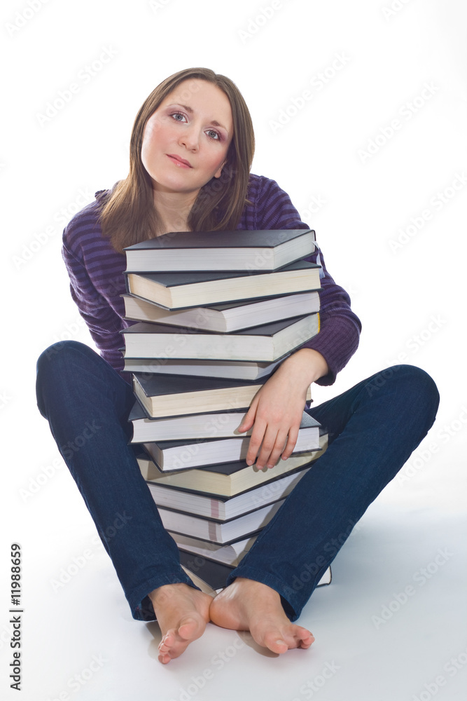 woman with stack of books