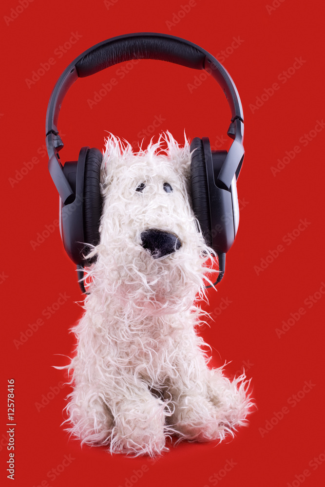 戴着耳机的可爱的白色玩具狗