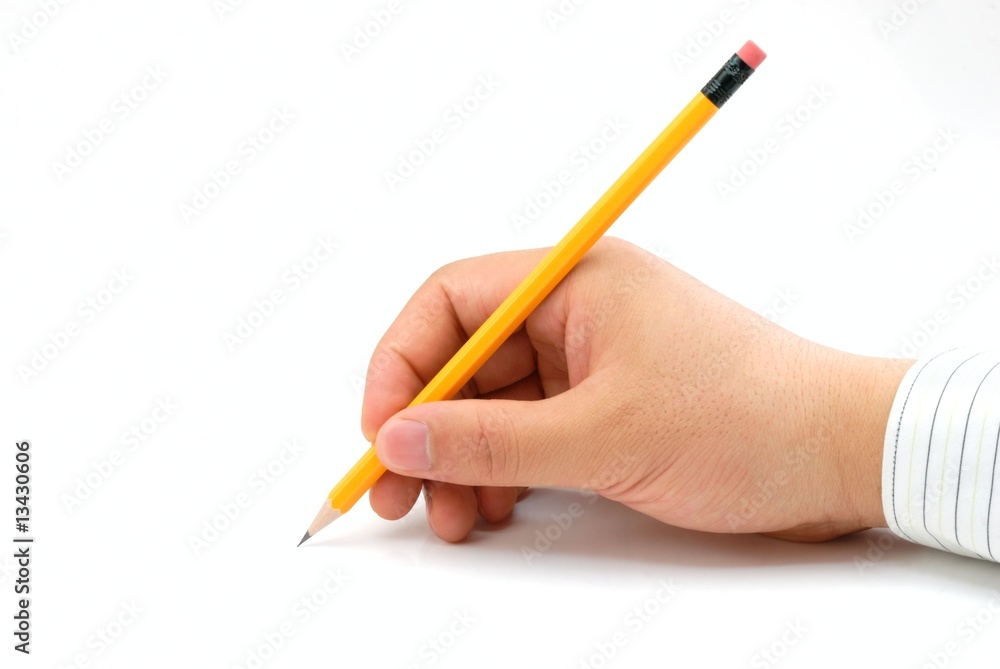 手中的铅笔在白色背景上隔离