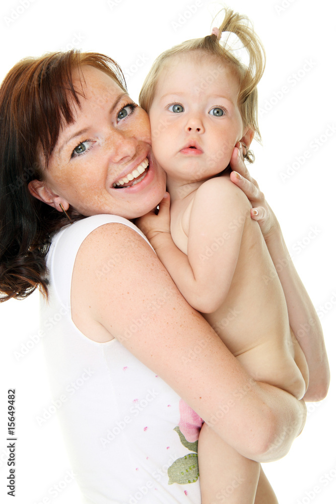 幸福的母亲和孩子在白色的照片