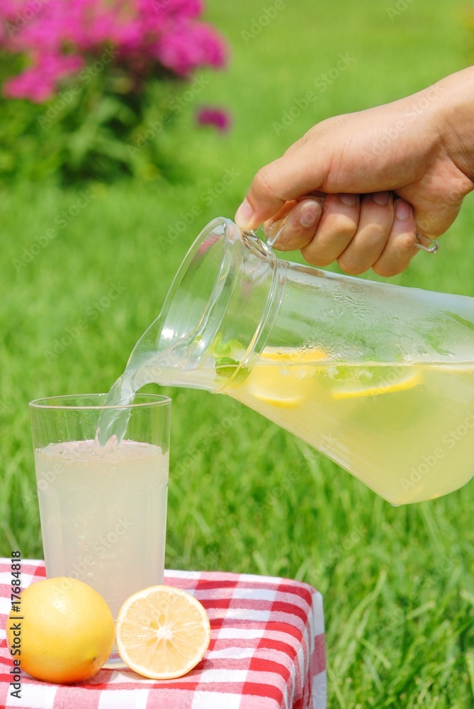 家里花园里的冰镇柠檬水和水罐。