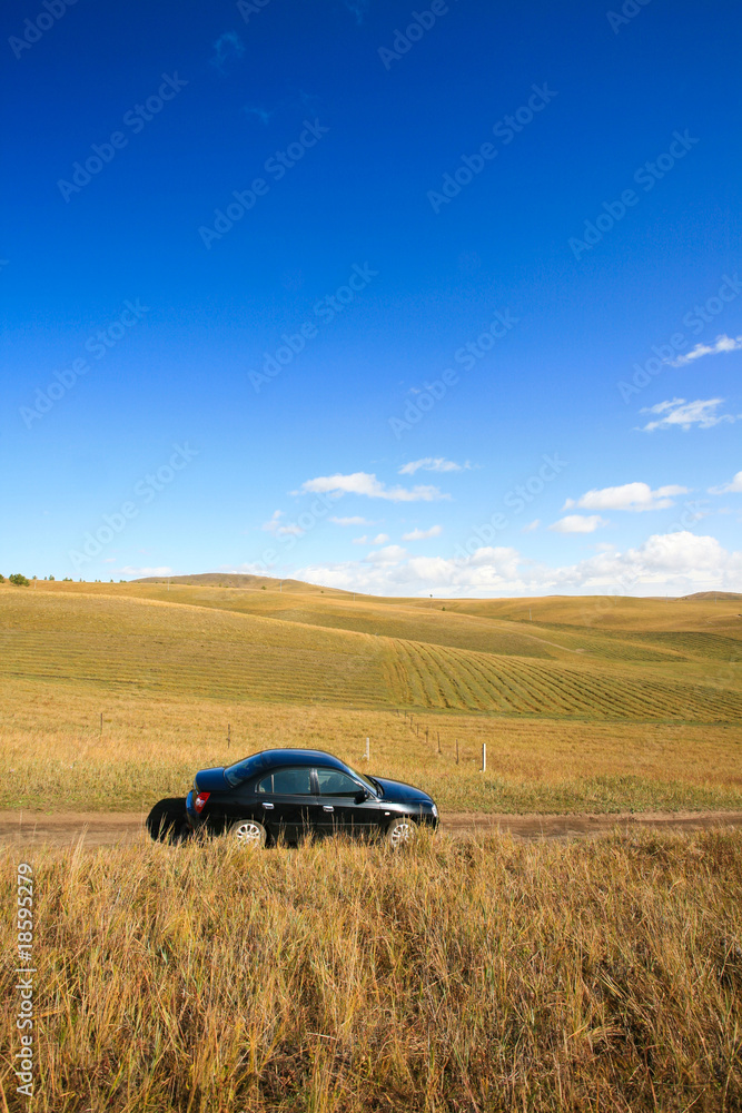 一辆汽车在草原上行驶