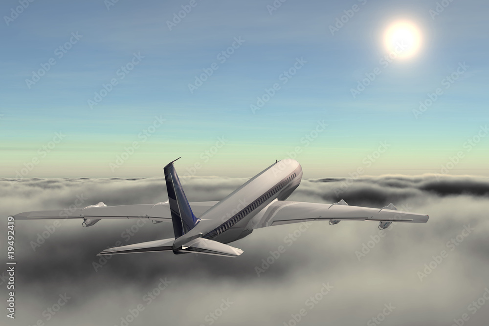 Plane on cloud flies on meeting with sun