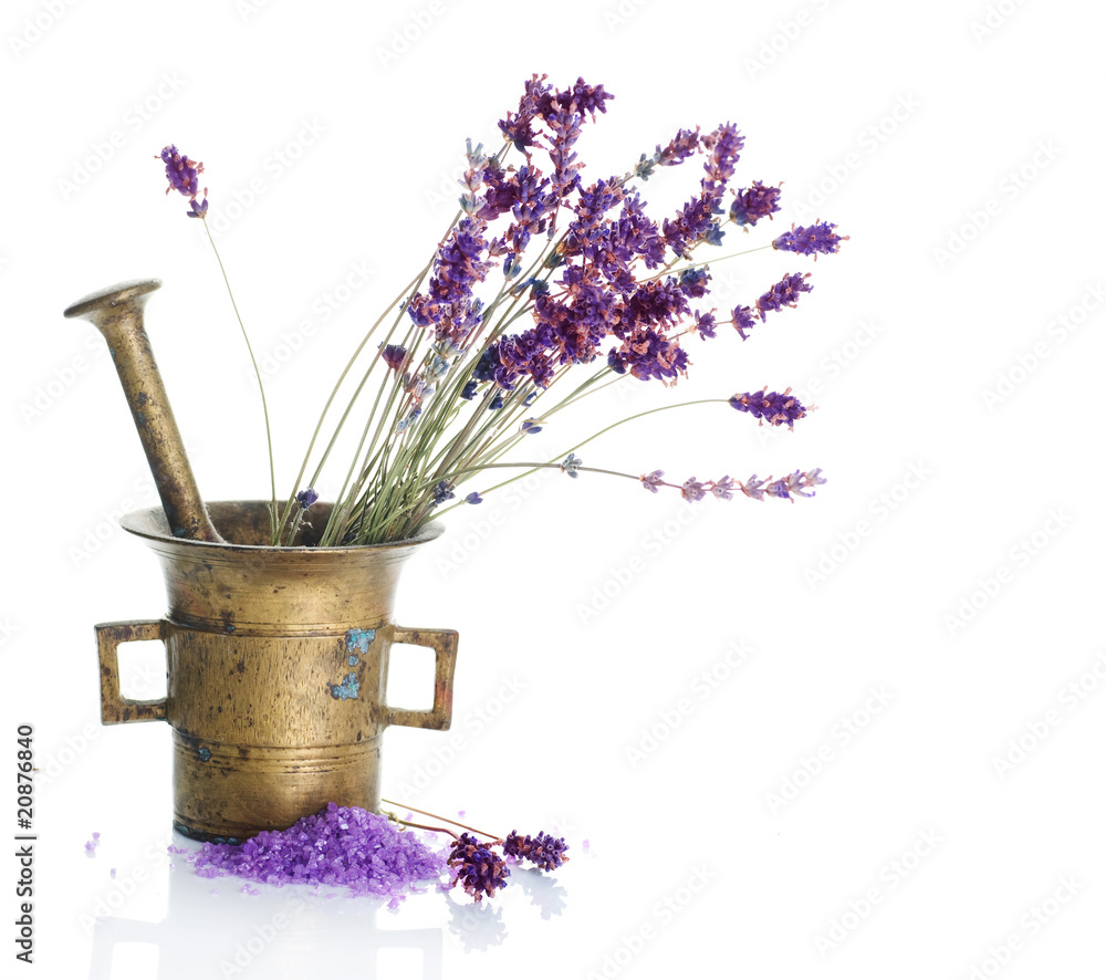 Lavender and antique Mortar.Natural cosmetics concept