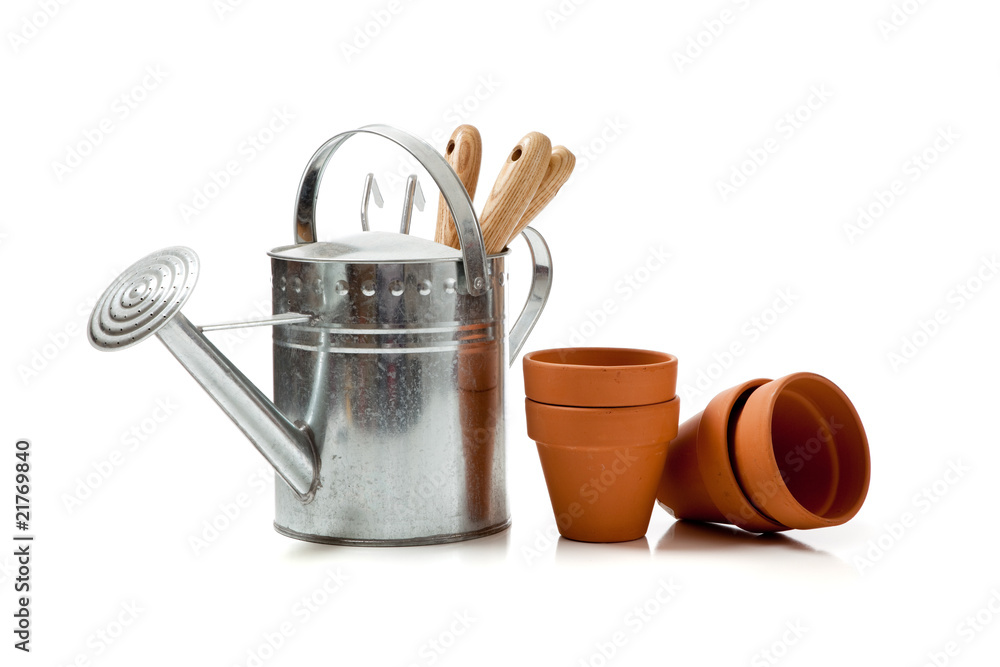 Assorted gardening supplies on a white background