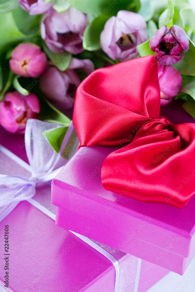 粉色郁金香和礼盒
