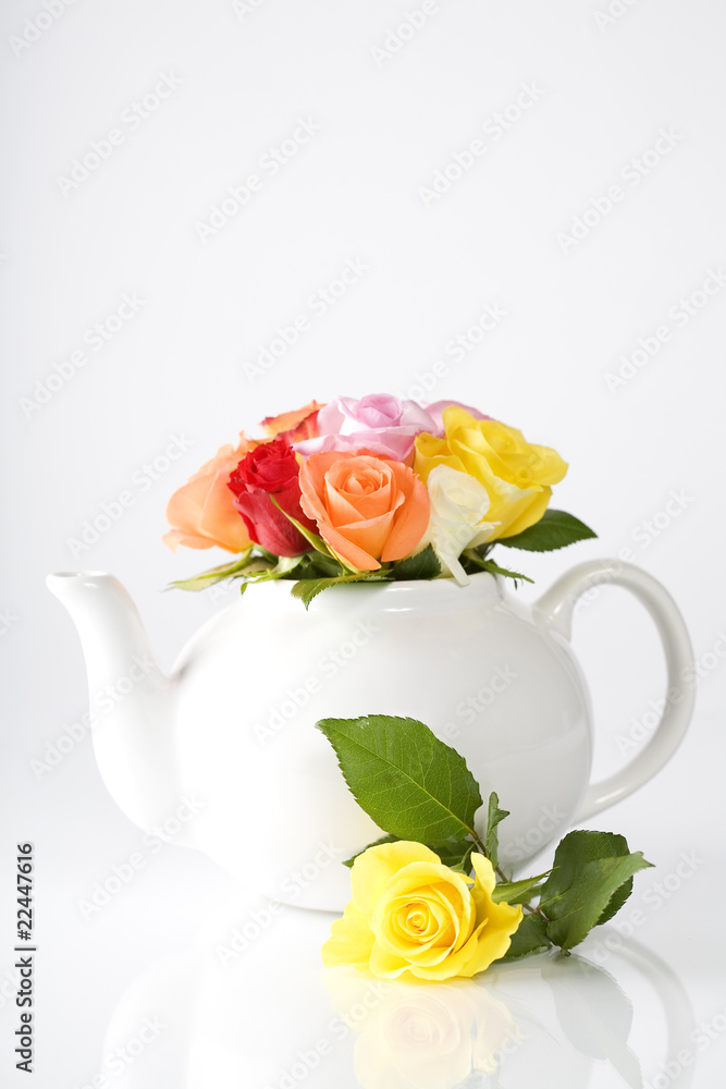 带新鲜玫瑰的茶壶