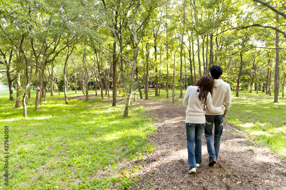 一对年轻夫妇在公园里散步的画像