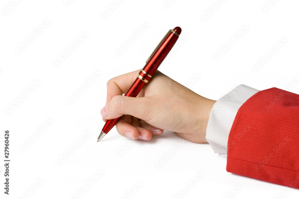 白色背景上隔离的女性手中的钢笔