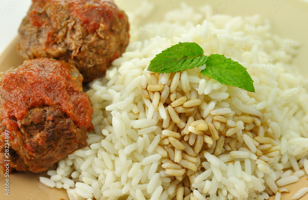meat balls with rice close up