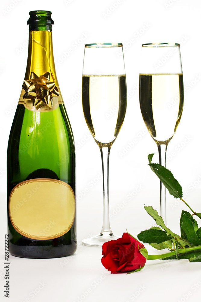 Romantic suprise of champagne and red rose