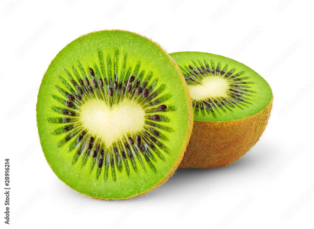 Isolated kiwi. One kiwi fruit cut in half with heart-shaped core isolated on a white background
