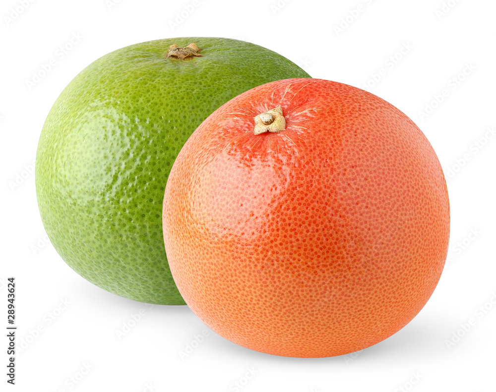 Two grapefruits. Pink and white grapefruit isolated on white background