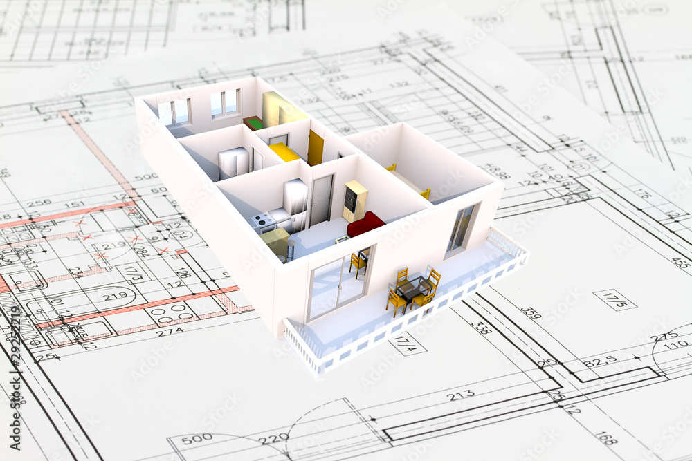 Apartment architecture plans with 3D building structure