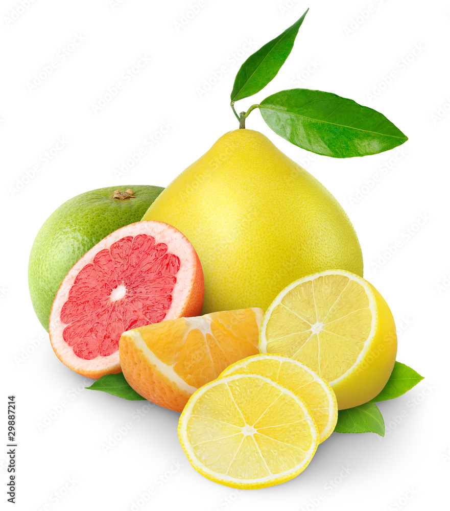 一堆孤立的柑橘类水果。柠檬、橙子、葡萄柚和柚子被隔离在白色背景上