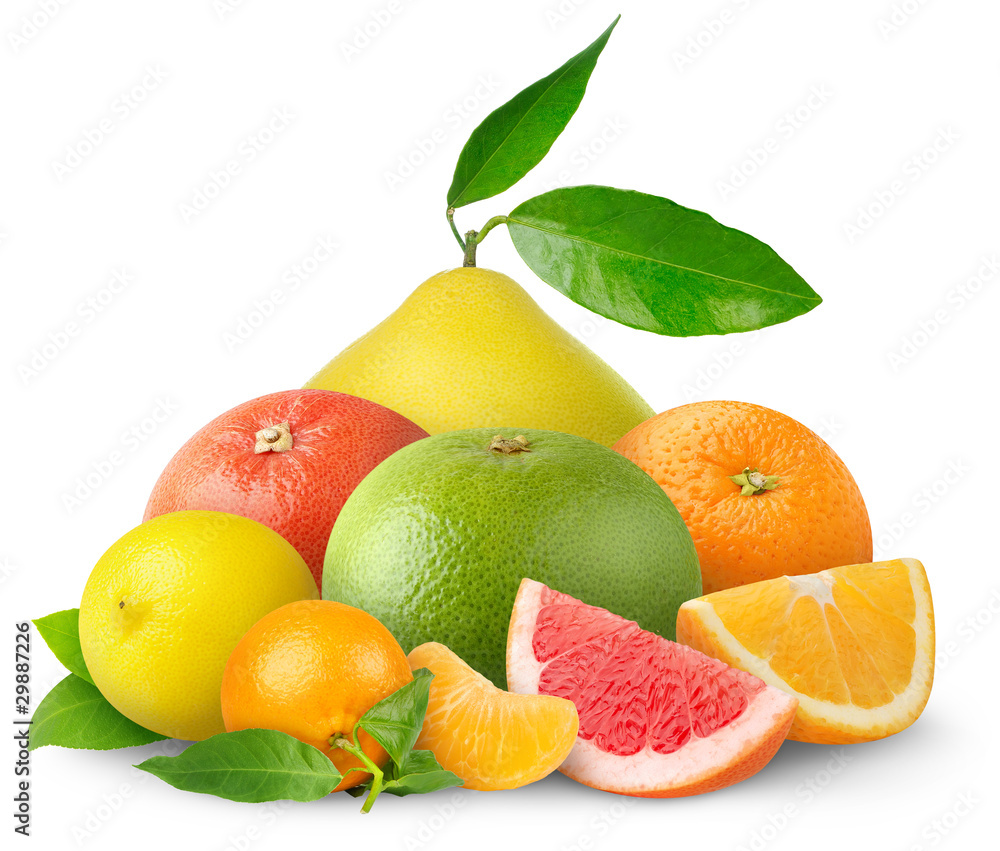 Isolated mixed citrus fruits. Pile of orange, tangerine, lemon, grapefruits and pomelo isolated on w