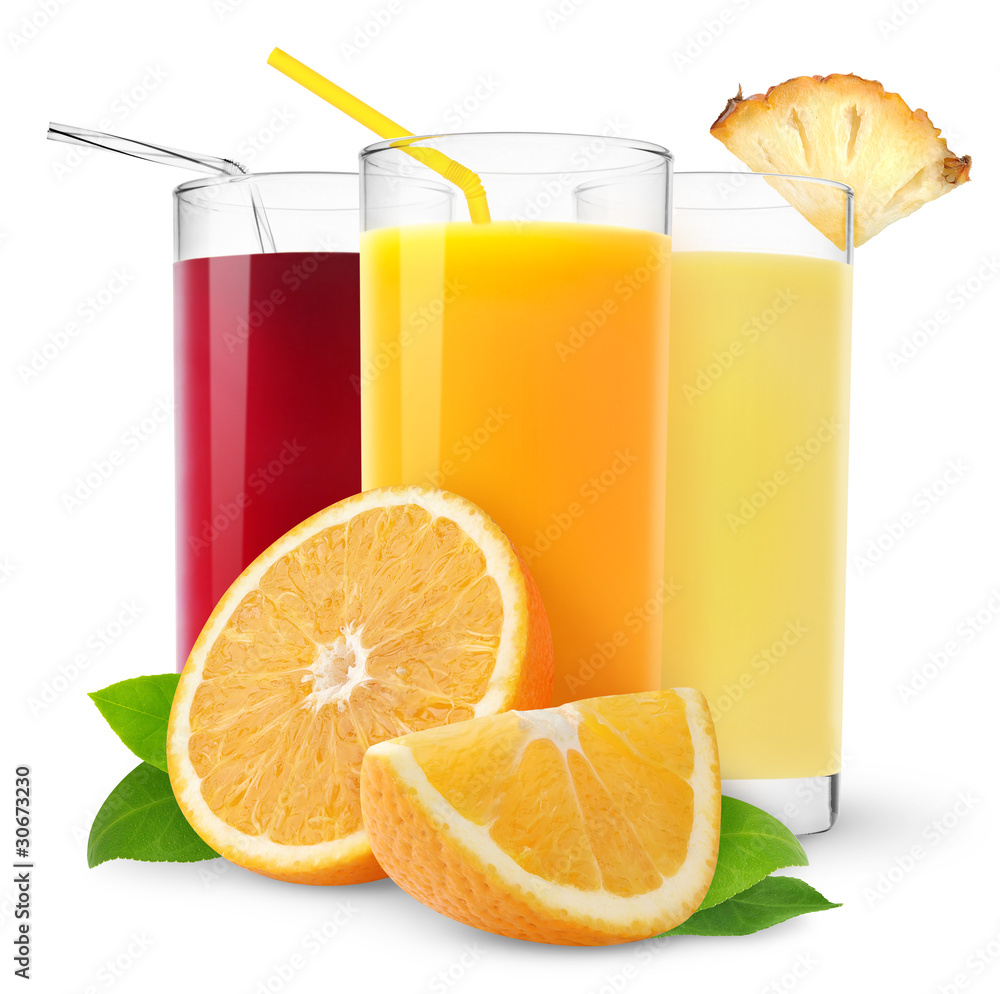 Isolated fruit juices. Three glasses of orange, pineapple and cherry juice and cut orange fruit isol