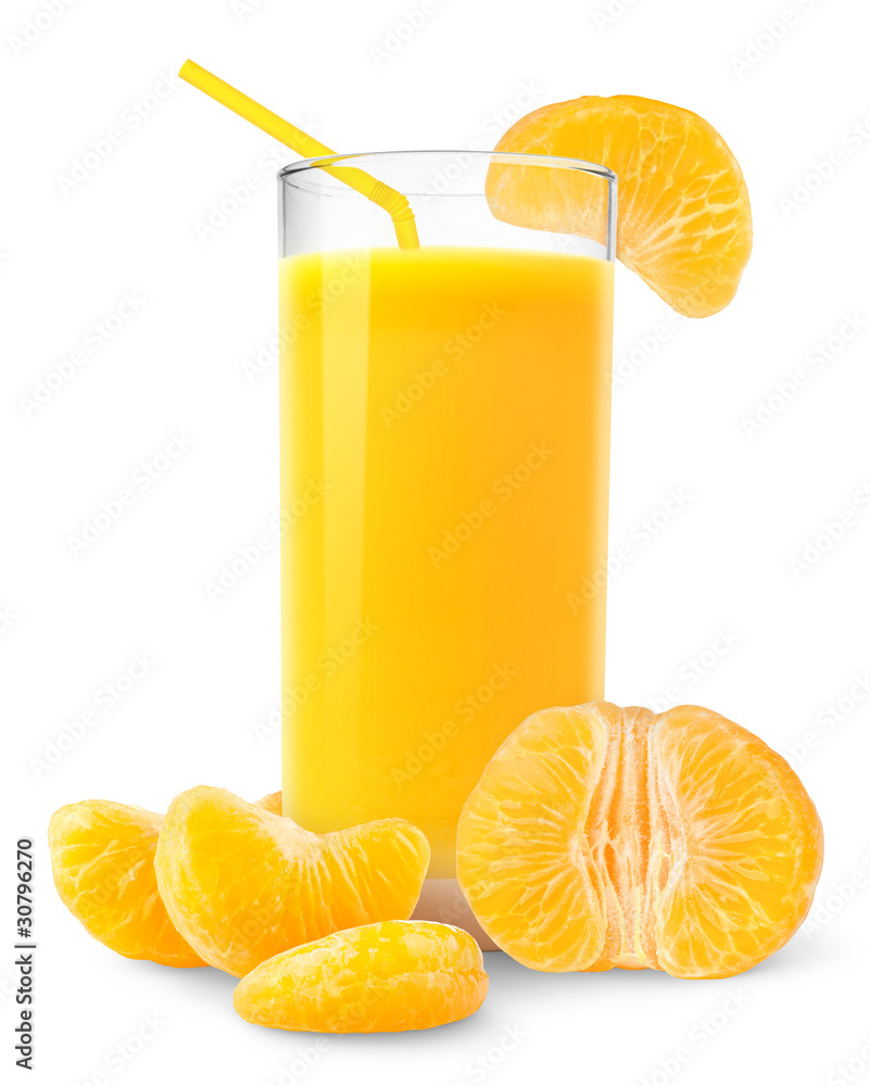 Isolated drink. Glass of tangerine or citrus juice and peeled fruit isolated on white background