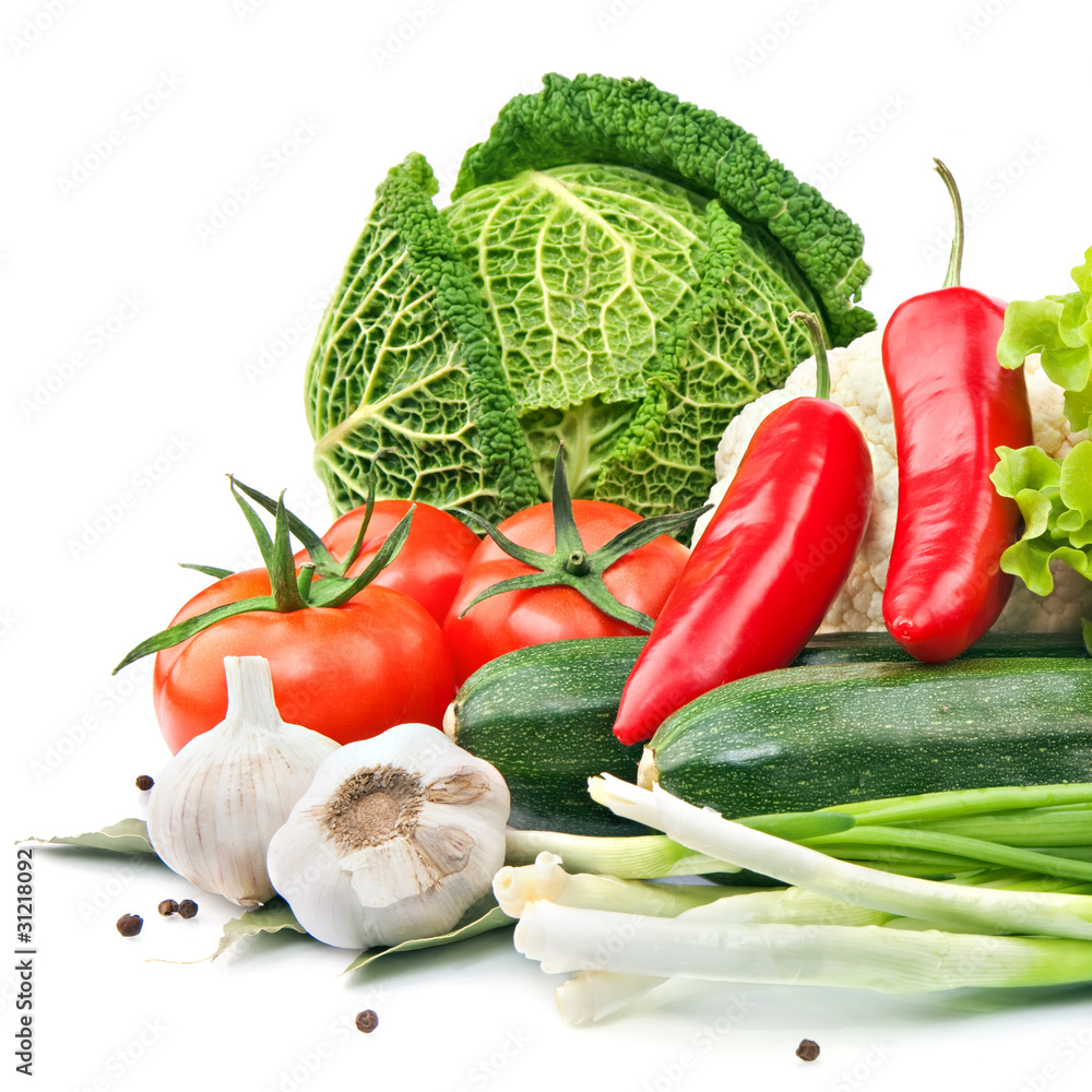Raw vegetables on the white background