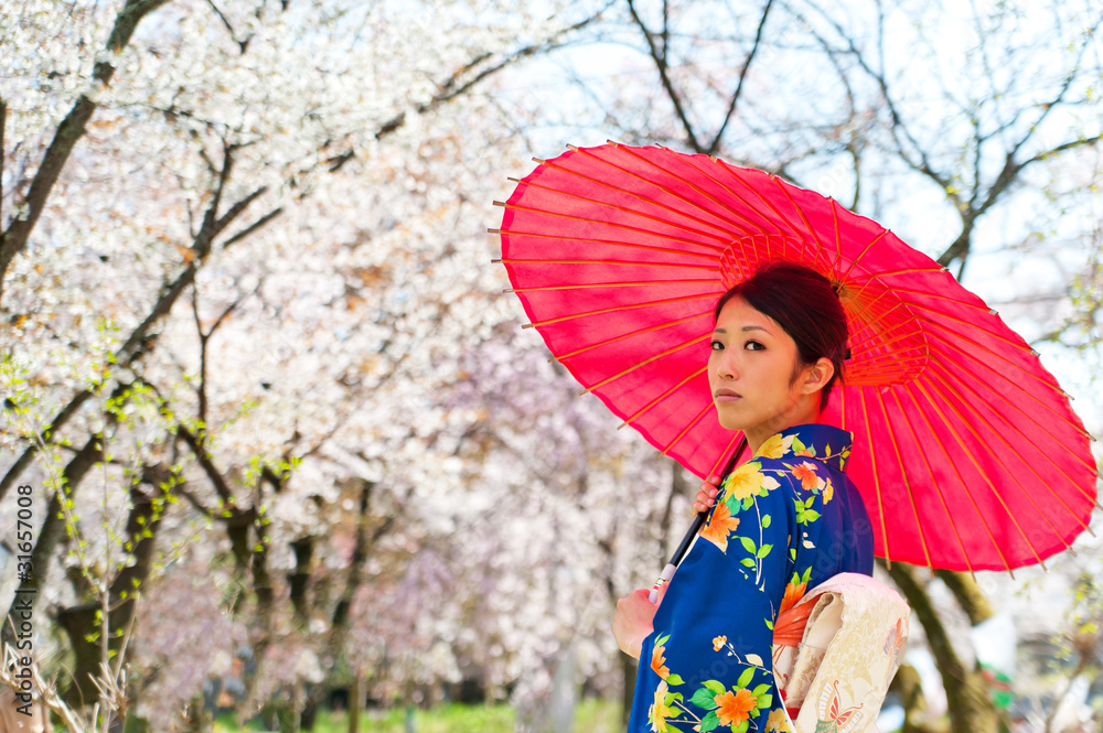 japanese kimono woman with red traditional umbrella