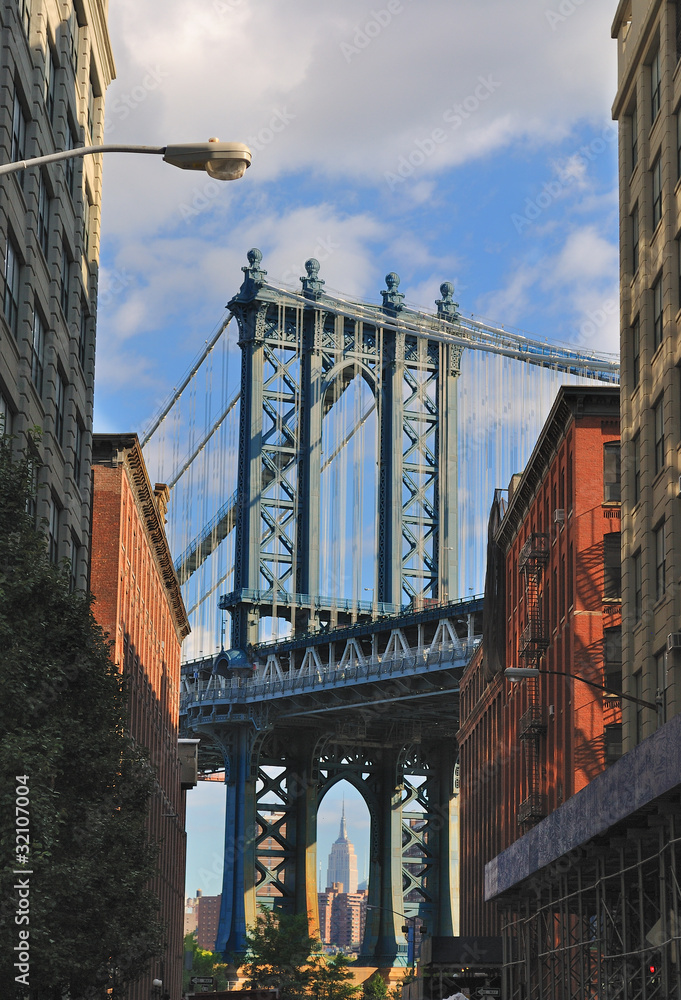 Manhattan Bridge Tower between Brooklyn Buildings