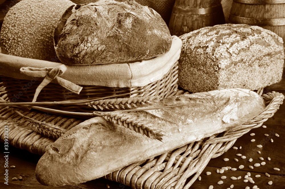 Set of freshly baked bread in sepia tone