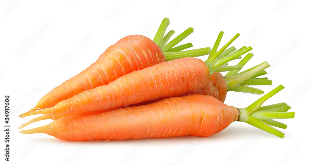分离的胡萝卜。一堆新鲜的胡萝卜，茎在白色背景上分离