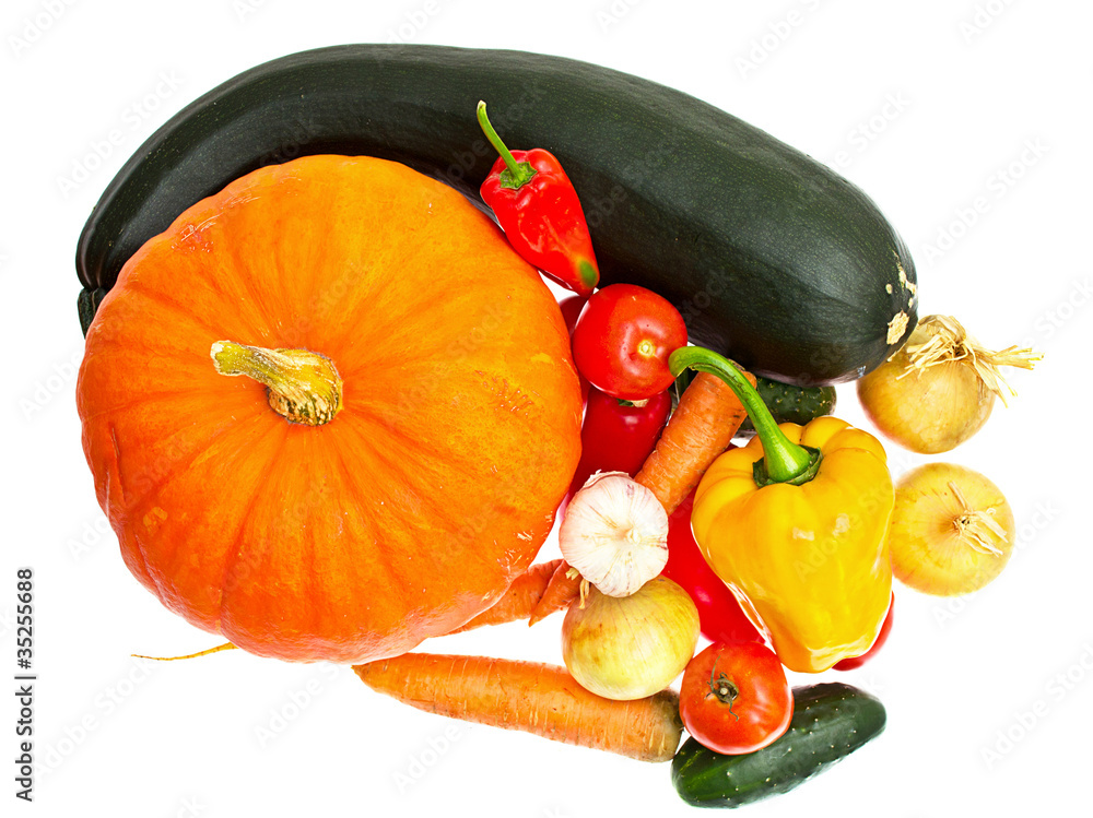 pumpkin, zucchini, carrots, peppers, tomatoes isolated on white