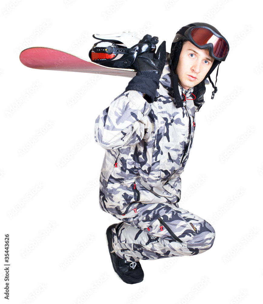 穿着运动服、单板滑雪隔离o的英俊男孩肖像