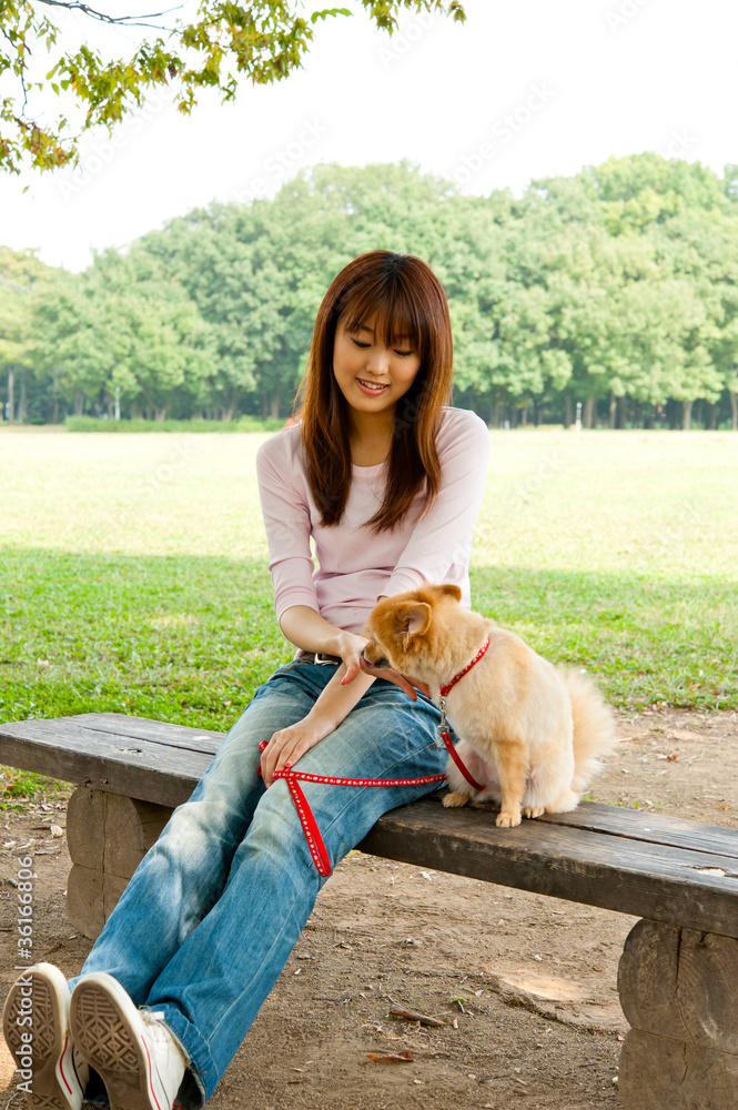 公园里养狗的亚洲美女