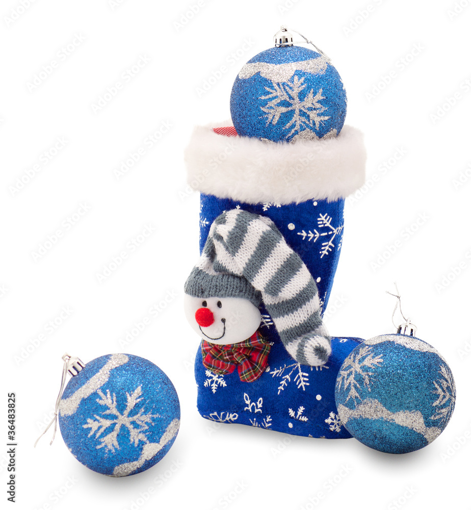Blue Christmas stocking  and three balls