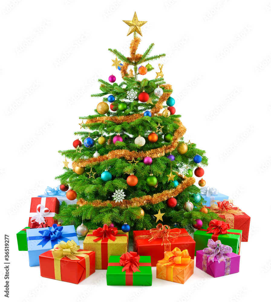 Dichter Weihnachtsbaum mit bunten Geschenken
