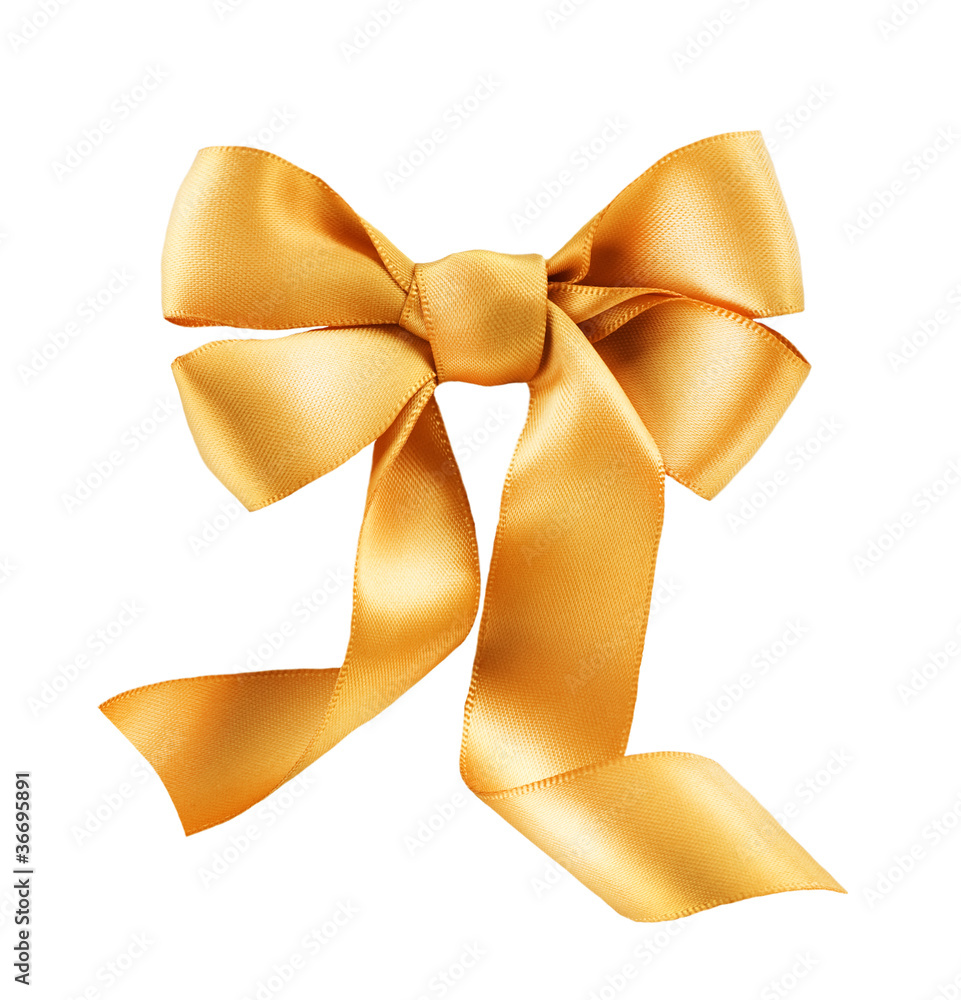 蝴蝶结。金色缎面礼品蝴蝶结。缎带。白色隔离