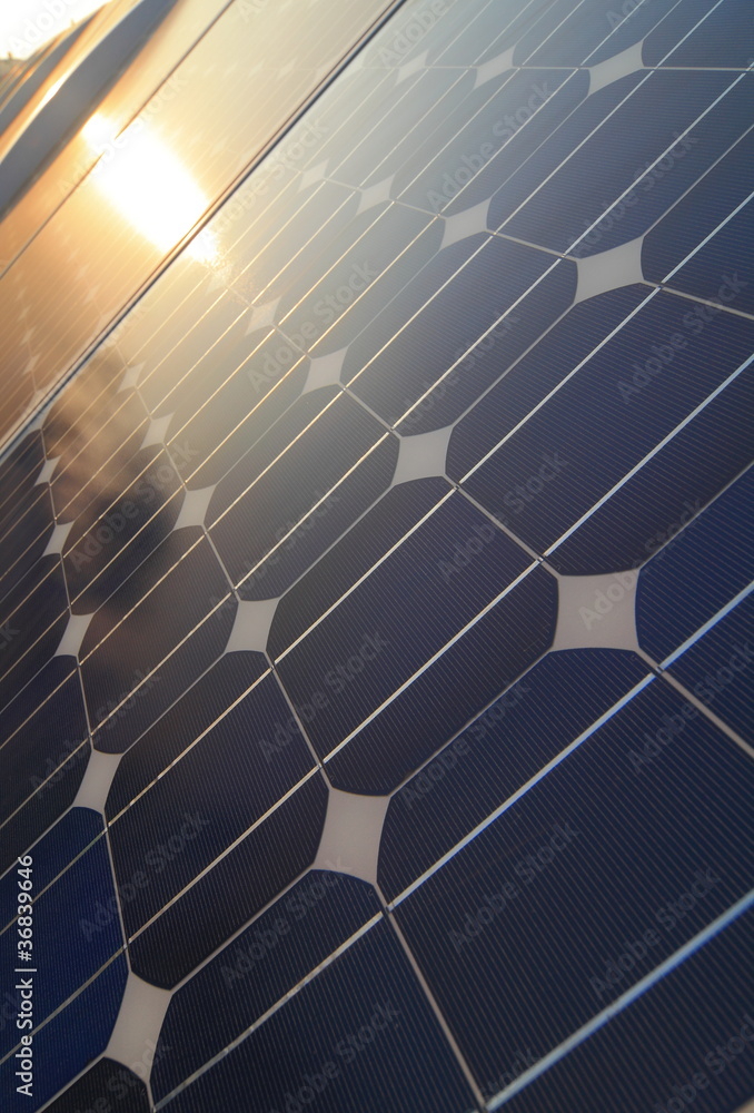 Solar cell Panel reflection sunlight and sunset