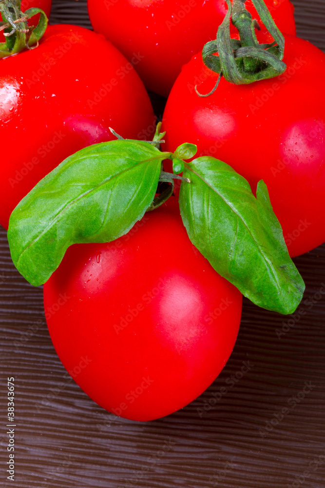 新鲜的红番茄和罗勒叶
