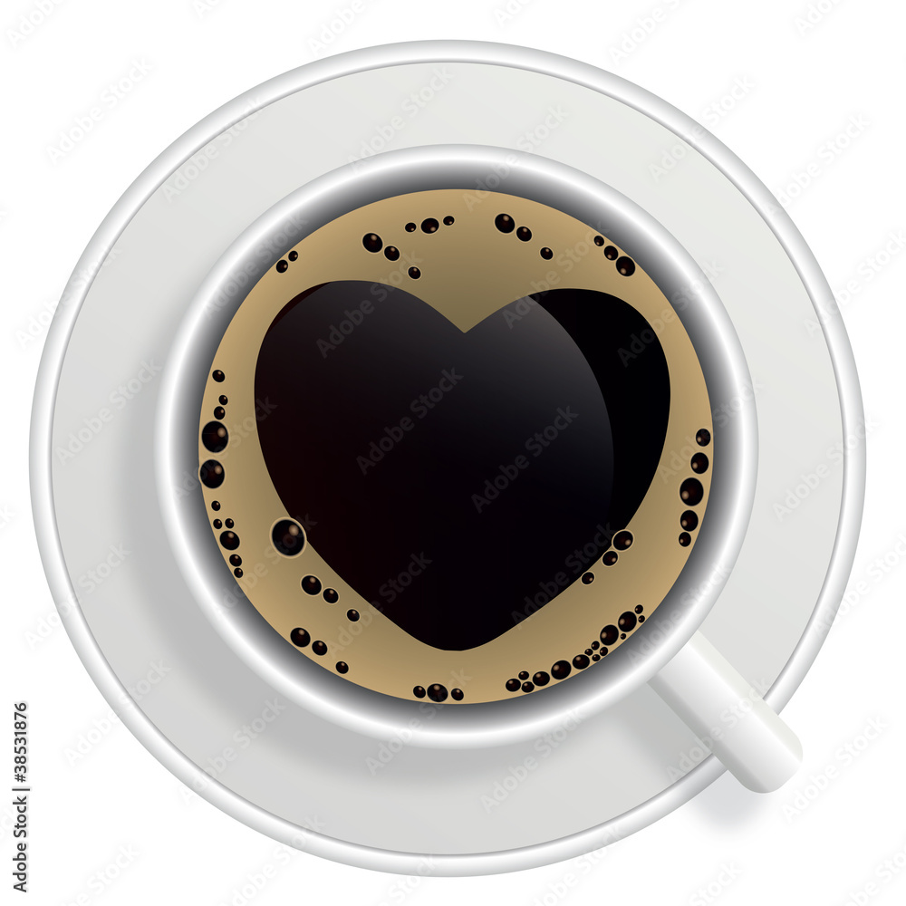 白色背景下隔离的黑咖啡杯俯视图。照片