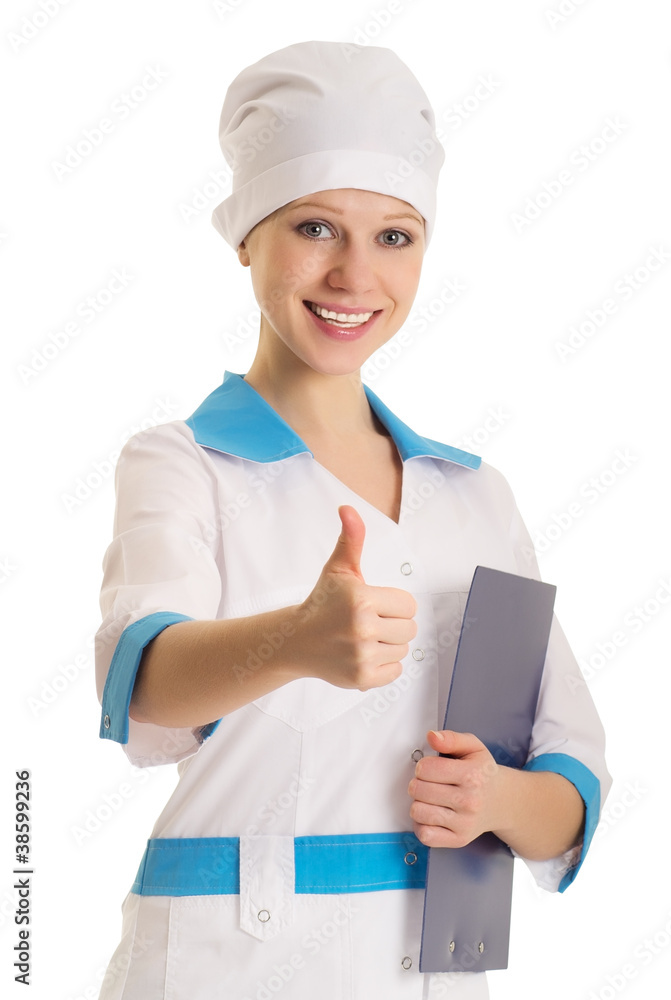 快乐微笑的女青年医生，竖起大拇指