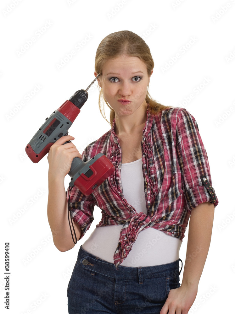 funny  beautiful young woman with a drill drills head