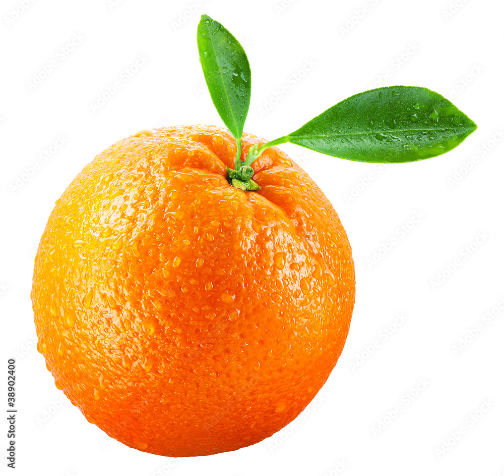 Wet orange fruit with leaves isolated on white + clipping path
