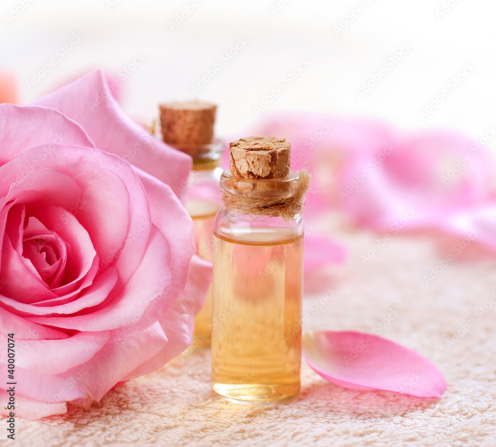 Bottles of Essential Oil for Aromatherapy. Rose Spa