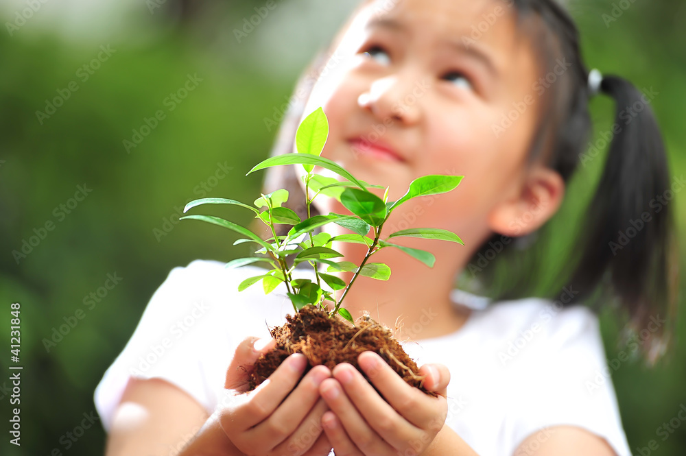 一个女孩手里拿着一株年轻的植物
