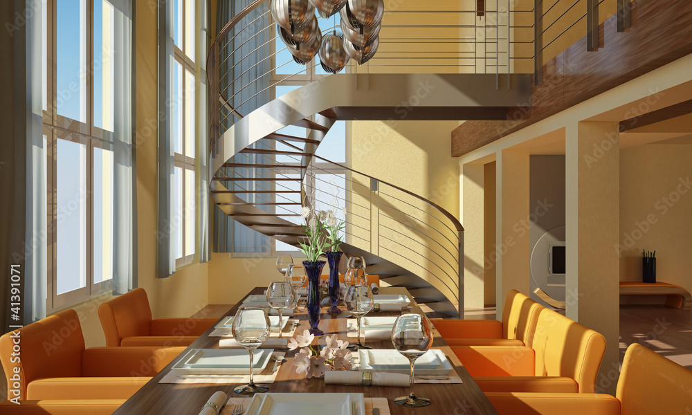带宽窗户和螺旋楼梯的现代餐厅。