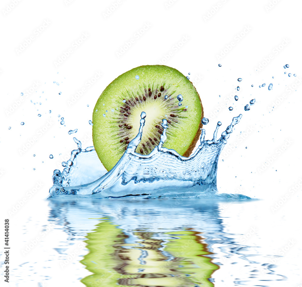 Slice of kiwi falling into water, isolated on white background