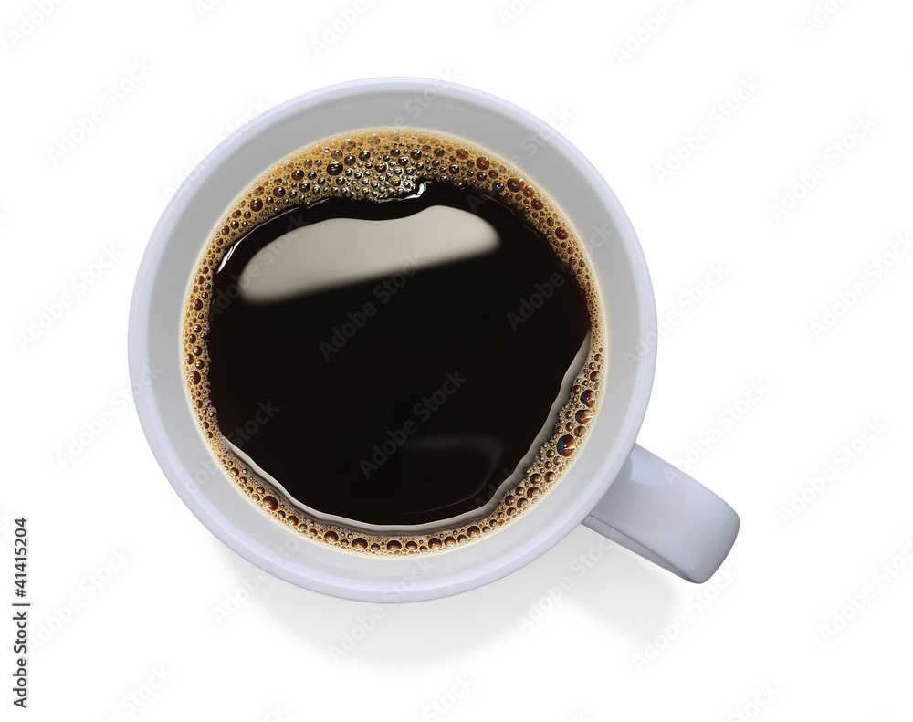 一杯咖啡的俯视图，白色隔离