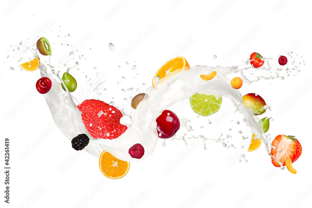 Fruit mix in milk splash, isolated on white background