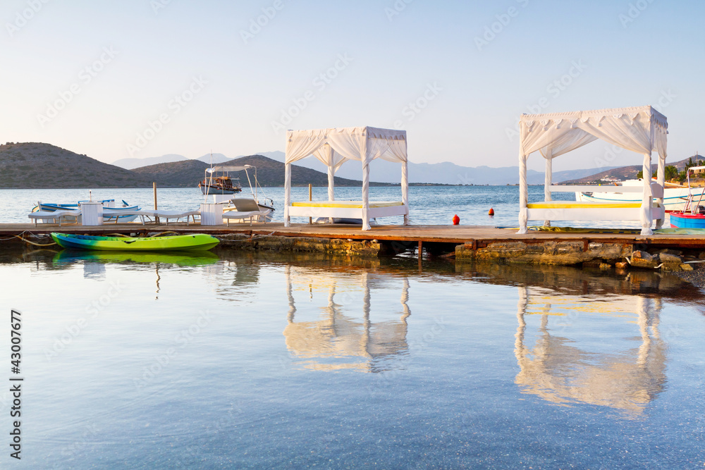 White luxury beds at Mirabello Bay on Crete, Greece