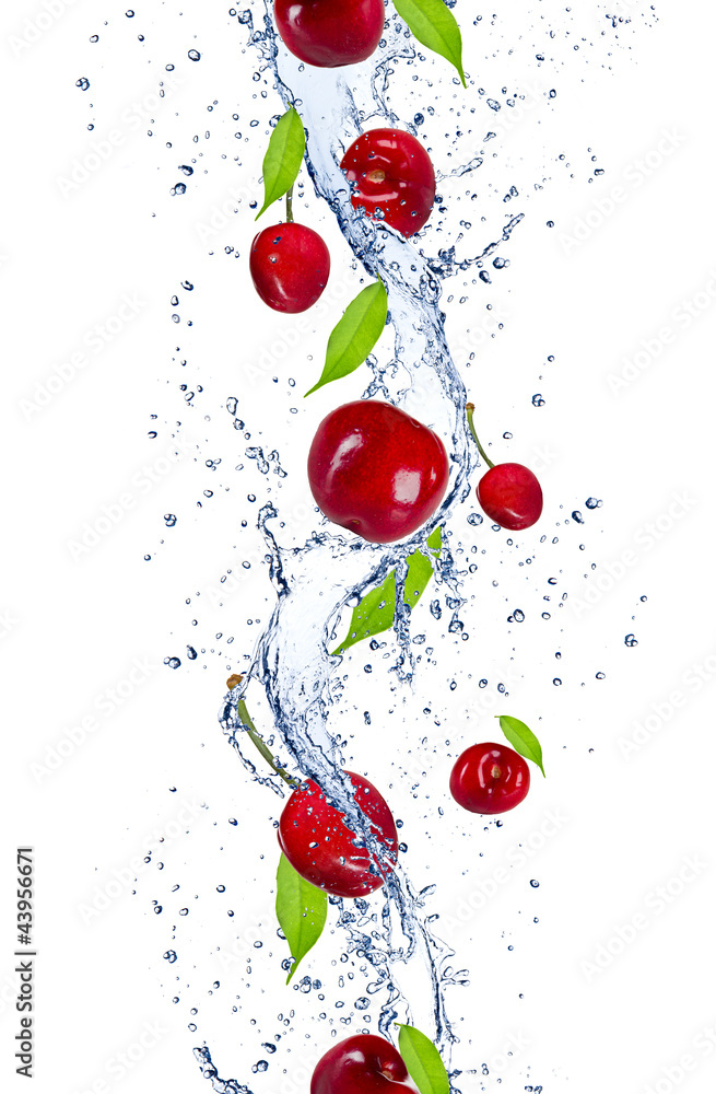 Fresh cherries falling in water splash