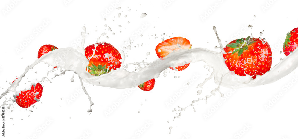 Strawberries in cream splash, isolated on white background